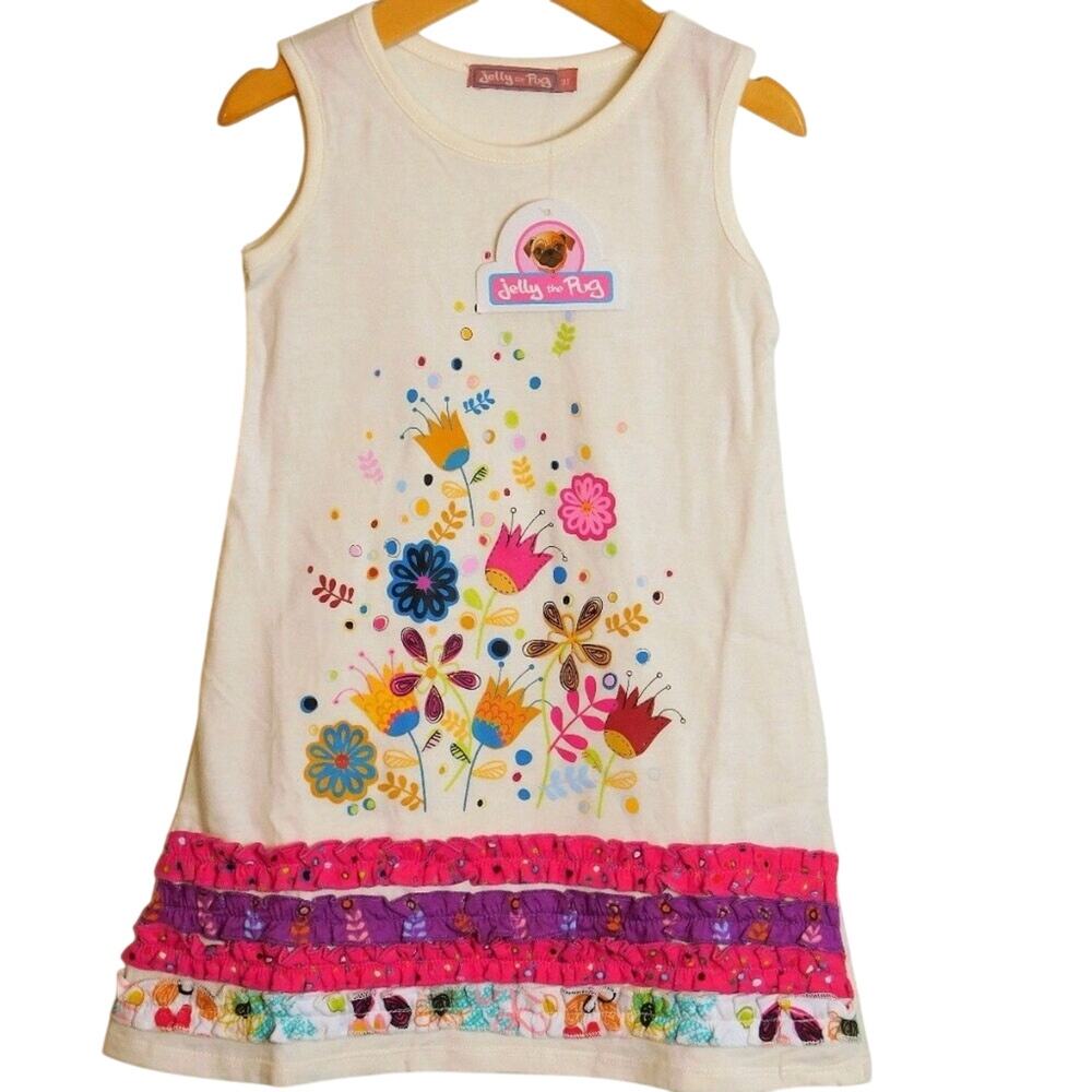 Jelly The Pug Girls Floral Ruffle Knit A-line Sleeveless Dress 3T Cotton Casual